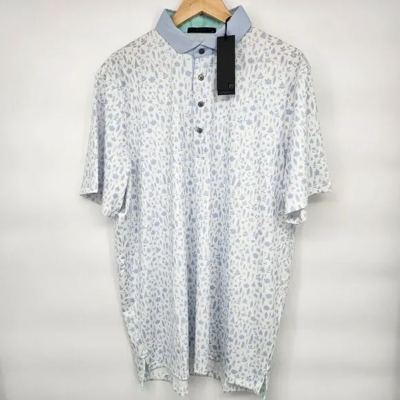 New Greyson Mens Golf Polo Magical Ferns Arctic White/Blue Floral Size XL NWT - Picture 2 of 9